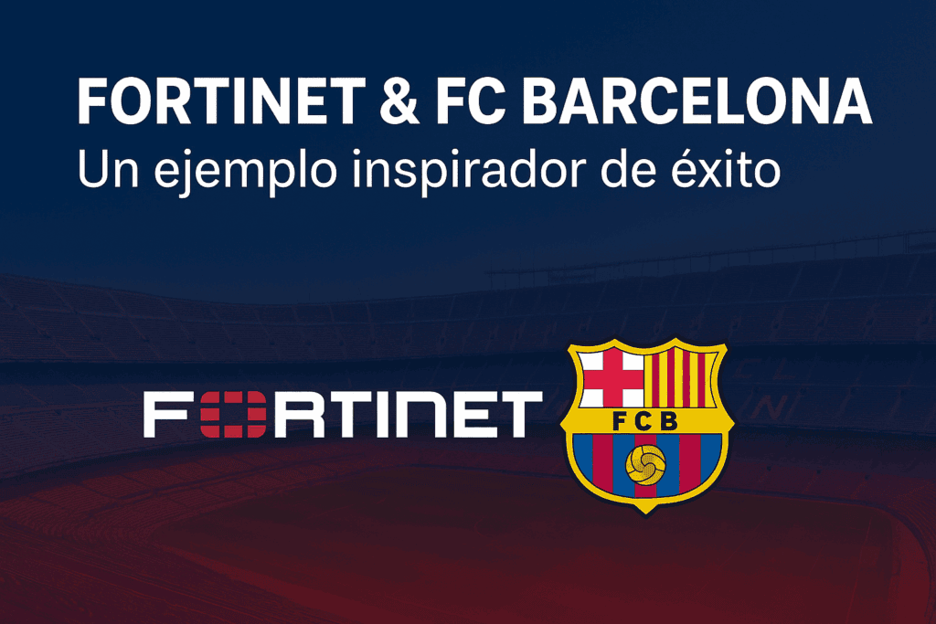 El escudo del FC barcelona y a su lado izquierdo el logo de Fortinet